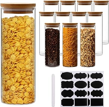 Flrolove Glass Jars With Bamboo Lids, 16 oz Food Storage Containers for Home Kitchen,Set of 12 Jars for Kitchen Storage,Coffee,Tea, Herbs, Sugar, Salt, Flour