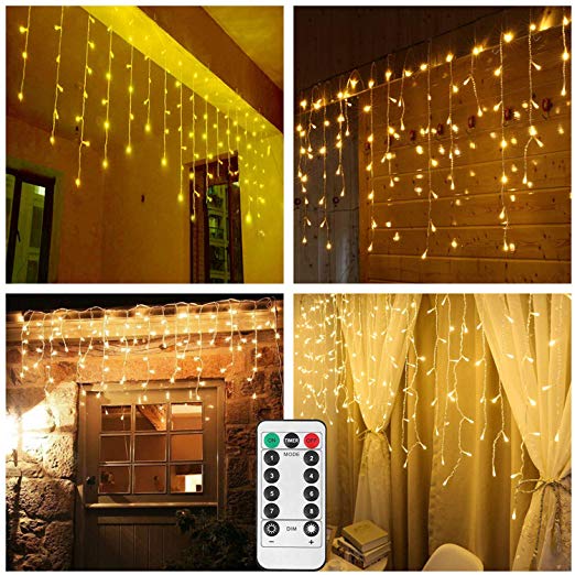 Battery Operated Snowing Icicle String Lights Outdoor,9.8ft Width,150 LED,Warm White Window Wall Wave Curtain Lights for Holiday Wedding Backdrop Christmas-Remote,Timer,Dimmable,8 Mode,Waterproof
