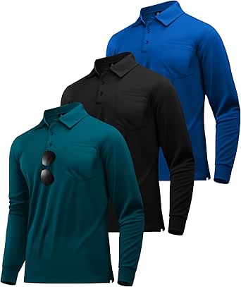 ZITY 3 Pack Long Sleeve Polo Shirts for Men with Pocket Moisture Wicking Outdoor Workwear Office Casual Collared Shirts Fall