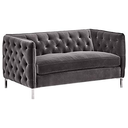 Rivet Eva Tufted Mid-Century Velvet Down-Filled Loveseat, 60.5"W, Dark Grey