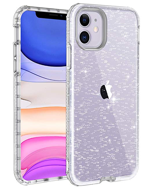 LONTECT for iPhone 11 Case Glitter Crystal Clear Sparkle Bling Heavy Duty Hybrid Sturdy Armor High Impact Shockproof Protective Cover Case for Apple iPhone 11 6.1 2019, Clear/Silver Glitter