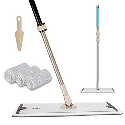 BOOMJOY Microfiber Flat Mop, 20" Aluminum Plate, Stainless Steel Handle with Extension, 1 scraper 3 Reusable Mop Pads