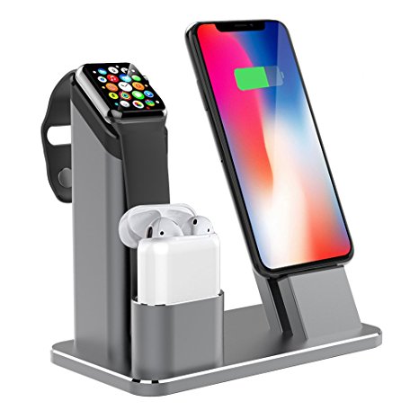 Apple Watch Stand, 3 in 1 Aluminum Charging stand Dock Station for Apple Watch 3/2/1, Airpods and All iPhone X/8/7/7 plus/6s/6s plus/6/6 plus/SE/5S/5 with Various Case (gray)