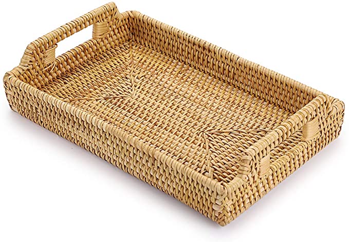 Hipiwe Rattan Serving Tray with Handles - Hand-Woven Decorative Tray for Storage Breakfast, Drinks, Snack ,Rectangular Basket Organizer Tray for Coffee Table, Home Decor (Small)