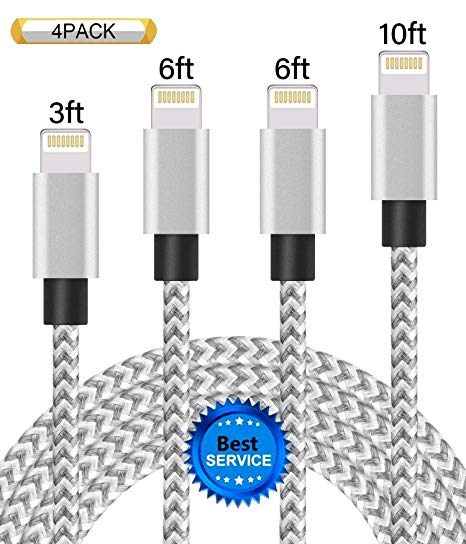 SGIN Phone Cable 4Pack 3/6/6/10FT Nylon Braided Certified Phone Charger USB Cord Charging Charger Compatible with Phone Xs,XS Max,XR,X,Phone 8, 8 Plus, 7, 7 Plus, 6s, 6 - Grey White