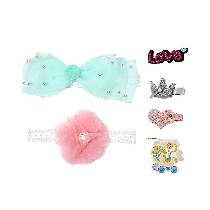 Baby Girls Headbands & Hair Clips Kit Cute Kids Elastic Hair Bows Flower Decor for Party Gifts Teal Pink