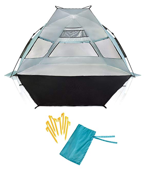 SuitedNomad XL Instant Beach Shade Tent with Sand Free Extendable Porch - Portable SPF UV Pop Up Sun Shelter Canopy with Easy Set Up and Windproof Construction