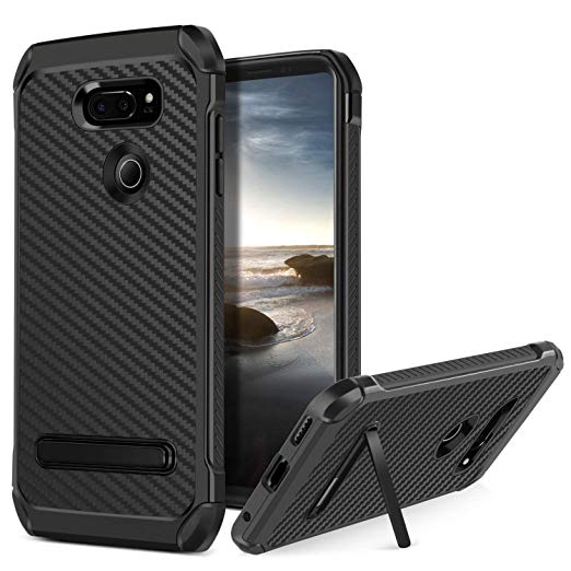 BENTOBEN Phone Case for LG V30/LG V35 ThinQ/LG V30S ThinQ, Kickstand Protective Cell Phone Case, Dual Layer 2 in 1 Hybrid Heavy Duty Soft TPU Hard PC Shockproof Carbon Fiber Texture Cover - Black