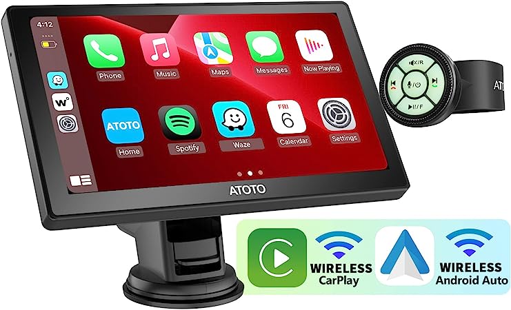 ATOTO P8 Portable Car Stereo, Wireless Carplay&Wireless Android Auto, 7'' QLED Glare-Suppressing Display Screen, Remote Control, WDR & Auto Dimmer, Bluetooth, GPS Navigation, Camera Input, P807SD-RM