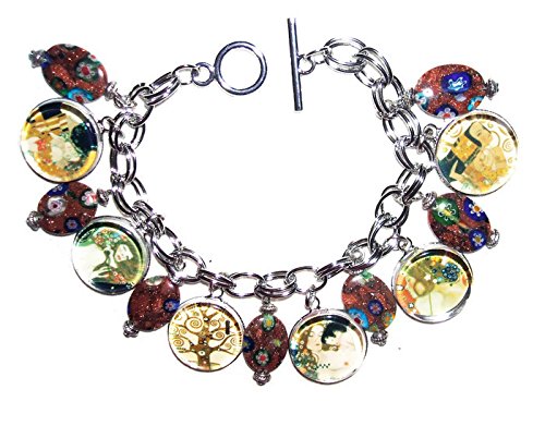 GUSTAV KLIMT Paintings CHARM BRACELET Mother and Child Tree Of Life Altered Art Tribute Silver Plated GLASS Covered Charms