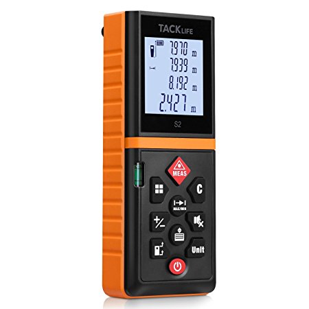 Tacklife Advanced Laser Measure 328 Ft Digital Laser Tap Measure with Mute Function Large LCD Backlit Display Measure Distance, Area and Volume, Pythagorean Mode Battery Included Black&Orange