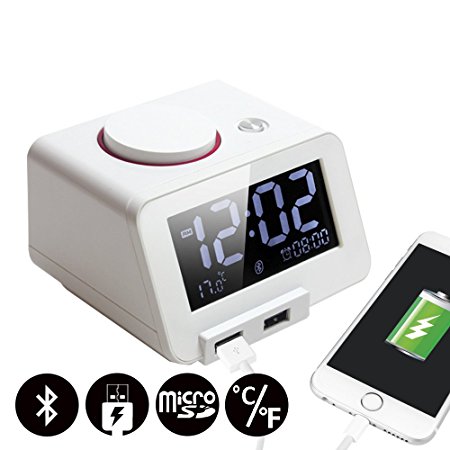 Homtime Multifunction C1-PRO USB Charger Alarm Clock with Bluetooth Speaker, Personalized Alarm Ring, 3-Level Dimmable, White