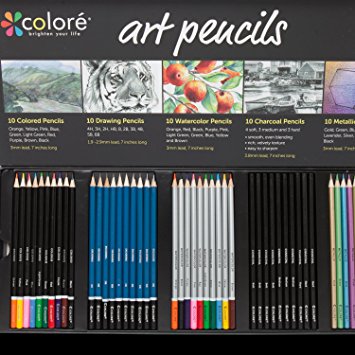Colore Premium Art Pencils Pack – 50 Assorted Pencil Set For Coloring Pages & Books – Colored, Watercolor, Drawing, Charcoal and Metallic Color Pencils For Students, Kids & Adults School Supplies