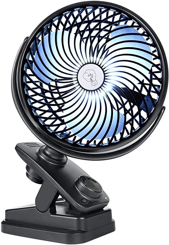 REENUO Clip on Fan, 10000mAh Battery Operated Rechargeable Fan with LED Light, 7-inch Oscillating Stroller Fan with Hook, Personal desk Fan for Travel Camping Baby Stroller Office