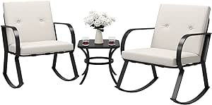 Flamaker Patio Chairs 3 Piece Outdoor Rocking Chairs Upgraded Metal Bistro Set with Thickened Cushions & Coffee Table Modern Patio Furniture for Porch, Balcony and Lawn (Beige)