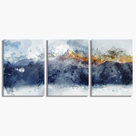 Abstract Canvas Wall Art for Living Room Modern Navy Blue Abstract Mountains Print Poster Picture Artworks for Bedroom Bathroom Kitchen Wall Decor 3 Pieces Framed Ready to Hang