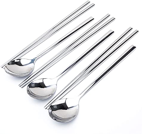 3 Sets of Korean Stainless Steel Spoons and Chopsticks, Reusable Metal Falt and square Long handle Chopstix Spoon Set