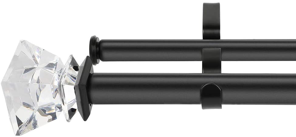 DAINTIER 1 Inch Diameter Double Curtain Rod in Black with Square Diamond Finial 36-72 Inch