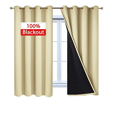 Yakamok Home Decor Thermal Insulated Full Blackout 2-Layer Lined Drapes 100% Blackout Curtains with Black Liners, Energy Efficiency Window Draperies for Bedroom(52Wx63L, Beige, 2 Panels)