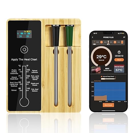 2-Probe Smart Wireless Meat Thermometer, 400FT Wireless Range Bluetooth Meat Thermometer Digital, Probe Lasts Up to 16 Hours, Instant Read Food Thermometer for Oven, Smoker, Grill