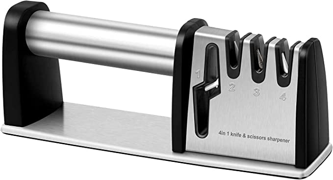 JCHOPE Knife Sharpener, 4 in 1 Kitchen Blade and Scissors Sharpening Tool, Professional Chef's Kitchen Knife Accessories, Manual Knife Sharpeners(Silver)