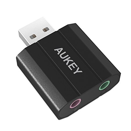 AUKEY External Sound Card USB to 3.5mm Audio Jack Aluminum Alloy Stereo Sound Adapter for Windows / Mac / Linux and Extra Audio Source with Microphone ( Black )