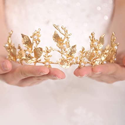 FXmimior Vintage Gold Bead Bridal Wedding Crown Headband Women Crystal Tiara Headpiece Wedding Hair Accessories
