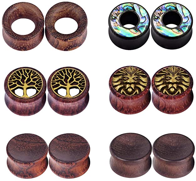 Stuppendux 6Pairs 00G-3/4 Natural Organic Wood Hollow Double Flared Flesh Ear Gauges Plugs Tunnels Ear Expander