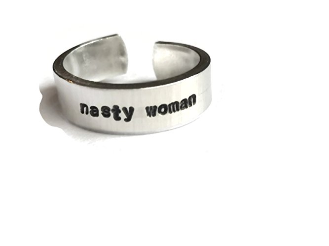 nasty woman custom text aluminum adjustable ring metal hand stamped political statement trump hillary democrat republican