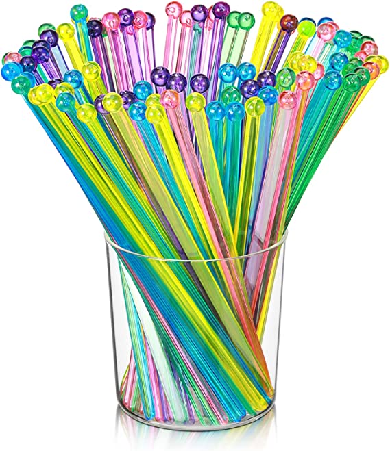 100 Pieces Disposable Plastic Round Top Crystal Swizzle Sticks (MultiColor)