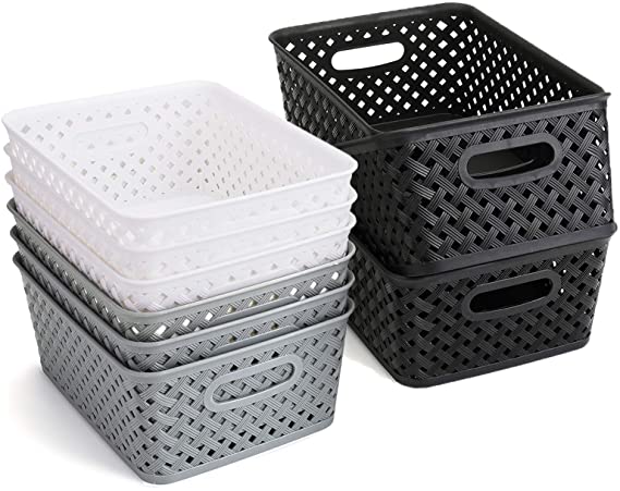 Bekith 9 Pack Woven Storage Basket, Plastic Organizer Tote Bin for Closet Organization, De-Clutter, Accessories, Toys, Cleaning Products and More