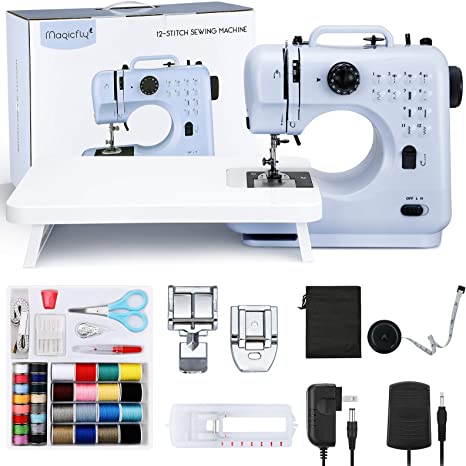 Magicfly Portable Sewing Machine, 12 Stitches Mini Sewing Machine for Beginner with Reverse Sewing, 3 Replaceable Feet, Extension Table, Accessory Kit, Blue