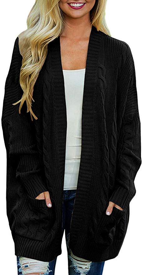 Arjungo Women's Oversize Open Front Long Sleeve Cardigan Sweaterst Cable Knit Boyfriend Loose Outwear with Pockets
