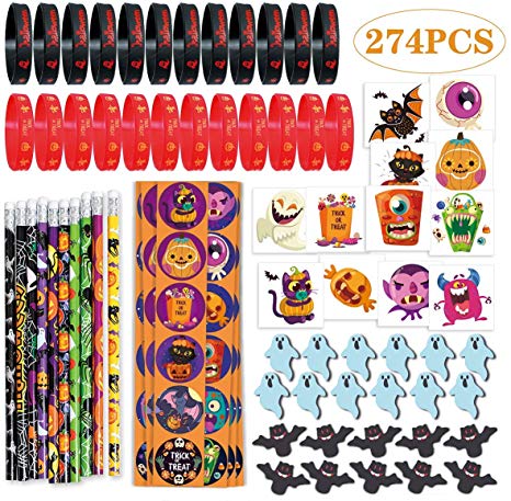 274PCS Halloween Toy Bulk, 10 Pencils, 24 Erasers, 24 Bracelets, 144 Stickers, 72 Temporary Tattoos