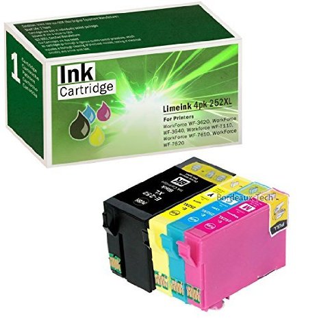Limeink 4 Pack Remanufactured 252XL Ink Cartridges (1 Black, 1 Cyan, 1 Magenta, 1 Yellow) Set Use for Epson WorkForce WF-3620 WF-3640 Wf-7110 WF-7610 WF-7620 Series T254 T252 252 Printers
