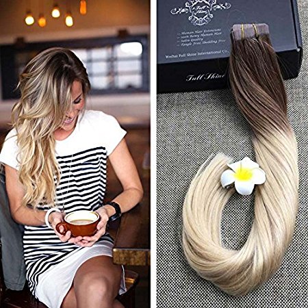 Full Shine 14" Balayage Ombre Tape in Hair Extensions Color 6B Fading to 613 Full Head Tape Hair Extensions Human Hair Remy Seamless Hair Extensions 50g 20Pcs Per Package
