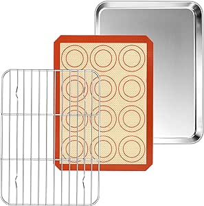 Small Toaster Oven Pan with Rack & Mat Set, P&P CHEF 10.4 Inch Stainless Steel Toaster Oven Tray, Cooling Rack & Silicone Mat for Small Oven & Single Person Use, Non Toxic & Easy to Clean