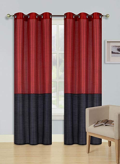 GorgeousHomeLinen (EID) 1PC RED - BLACK 2 Tone Faux Silk Window Curtains Foam Lined Blackout Panel Top Silver Grommets in 4 Sizes (95")