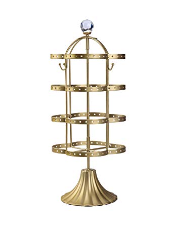 AmigasHome Modern Unique 4-Tier 14.75" Tall Rotating Spin Table 64 Pairs Earring Organizer, Durable Metal Necklace Stand, Antique Classic Jewelry Stand - Gold