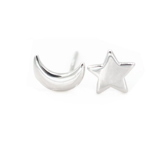 Wicary One Pair Set of Sterling Silver Star and Moon Stud Earring