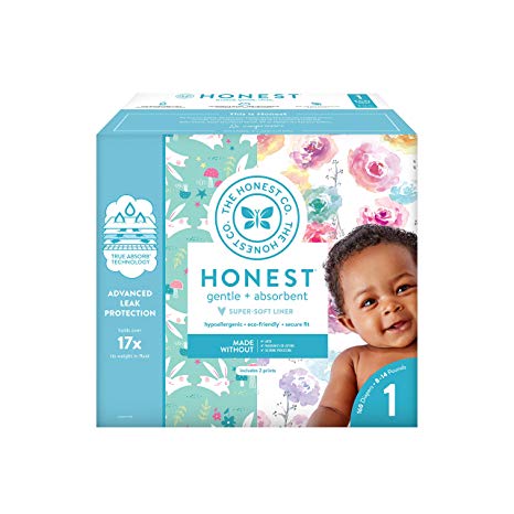 The Honest Company Super Club Box Diapers with TrueAbsorb Technology, Rose Blossom & Bunnies, Size 1, 160 Count
