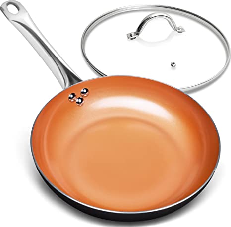 Michelangelo Nonstick Frying Pan with Lid 10 Inch - Copper Non Stick Fry Pan Ceramic Pan Oven Safe Skillet Induction Applicable