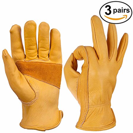 Work Gloves, Ozero Cowhide Grain Leather Glove for Motorcycle, Driving, Yard, Gardening - Perfect Fit - Durable and Good Grip - Elastic Wrist - 3 pairs Pack (Large)