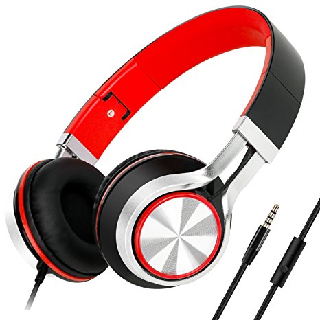 Picun HD200 Lightweight Headphones with Microphone Foldable Portable Boys Girls on Ear Headset for iPhone Ipad MP3 PC Laptops Android (Black Red)