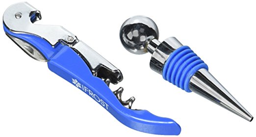 Wine Opener Set - Double Hinged Wine Key & Matching Bottle Stopper by Trendy Bartender - Set Of Cork Screw With Foil Knife & Stopper In Placid Blue Color - Wine Bottle and Beer Bottle Opener In One