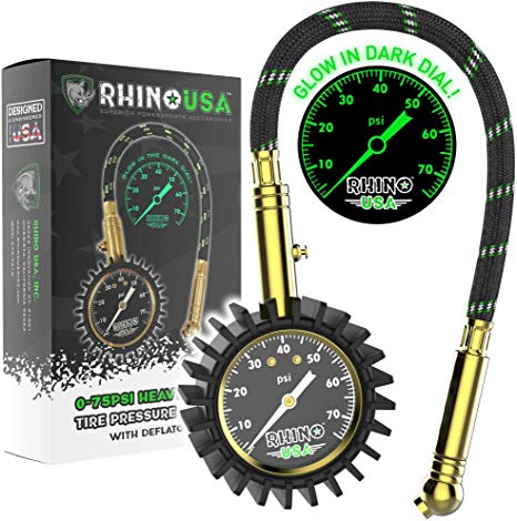 Rhino USA Heavy Duty Tire Pressure Gauge (0-75 PSI) - Certified ANSI B40.1 Accurate, Large 2" Easy Read Glow Dial, Premium Braided Hose, Solid Brass Hardware, Best for Any Car, Truck, Motorcycle, RV…
