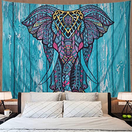 Elephant Tapestry Vintage Blue Old Wooden Plank Tapestry Wall Hanging Bohemian Mandala Tapestry Psychedelic Wall Tapestry Watercolor Hippie Indian Tapestry Decor(Blue Elephant,59.1" × 78.7")