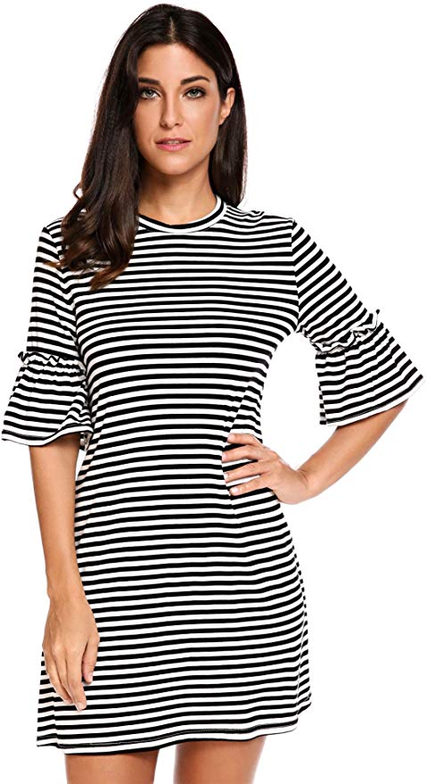 Beyove Women's Flare Half Sleeve Striped Loose Tunic T Shirt Dress Knee Length