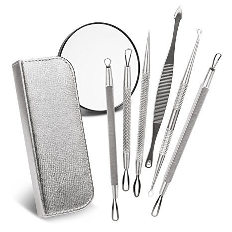 Brilliant Beauty Blemish Remover Kit with Leather Case & Magnifying Mirror - Dermatologist Treatment for Acne, Pimple, Comedone, Blackhead & Whitehead Removal - Includes 6 Extractor Tools