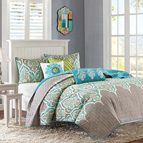 Madison Park MP13-1683 Nisha 6 Piece Quilted Coverlet Set, King/California King, Teal